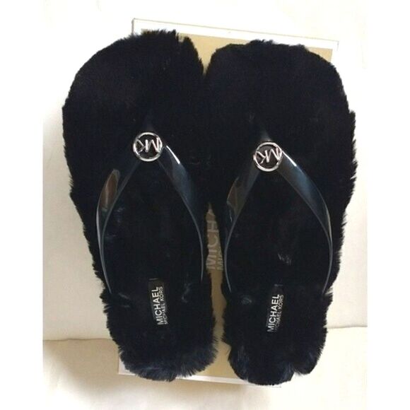 New! MICHAEL KORS Logo Women's Faux Fur Flip Flop Thong Sandals Black - Picture 6 of 8